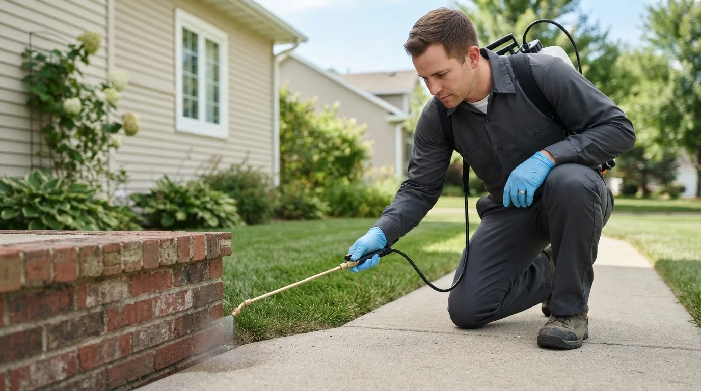 Pest control technician treating a home near Roberts, IL