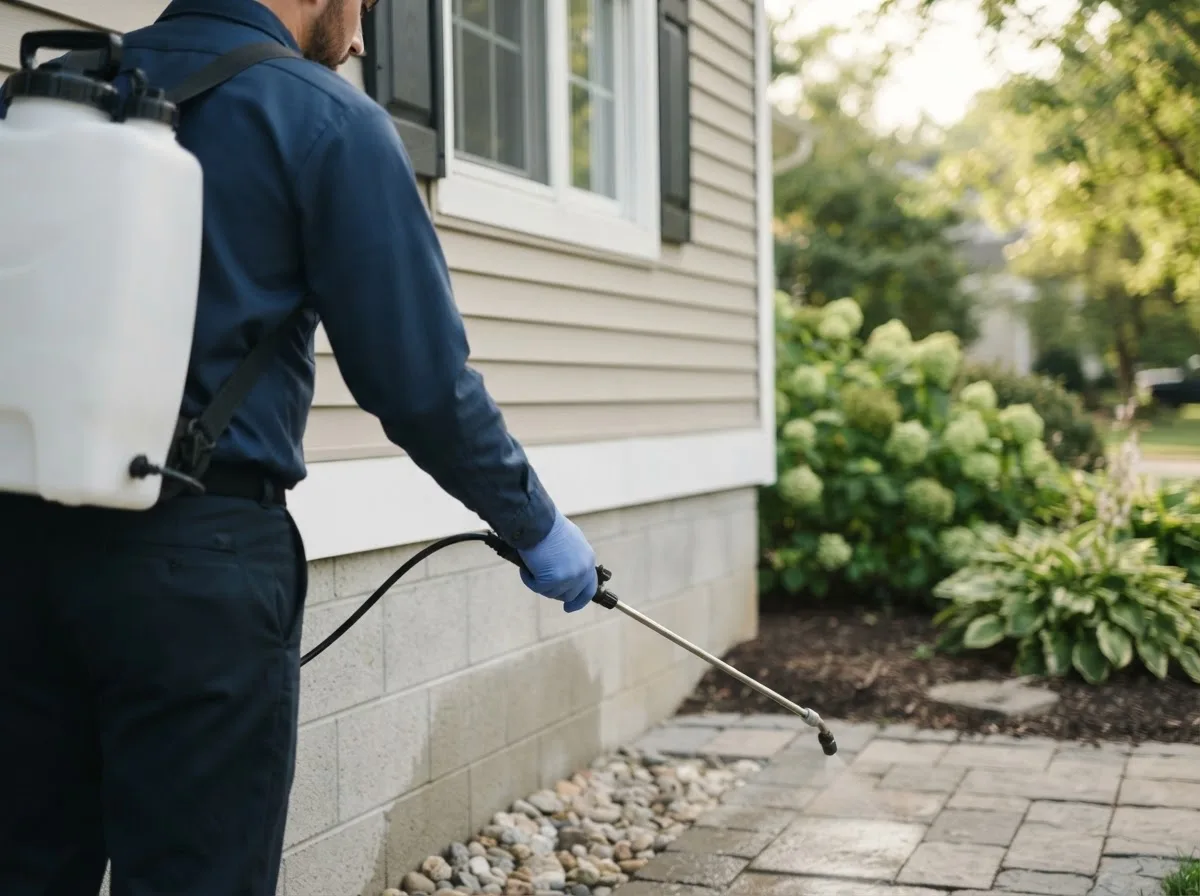 Pest control technician inspecting a home in Roberts, IL